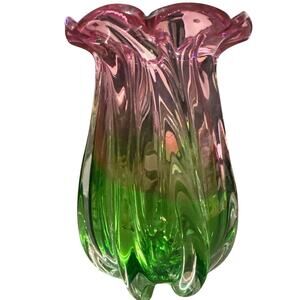 Vintage Teleflora Hand Blown Pink Green Watermelon Art Glass Ruffled Vase 7.5"
